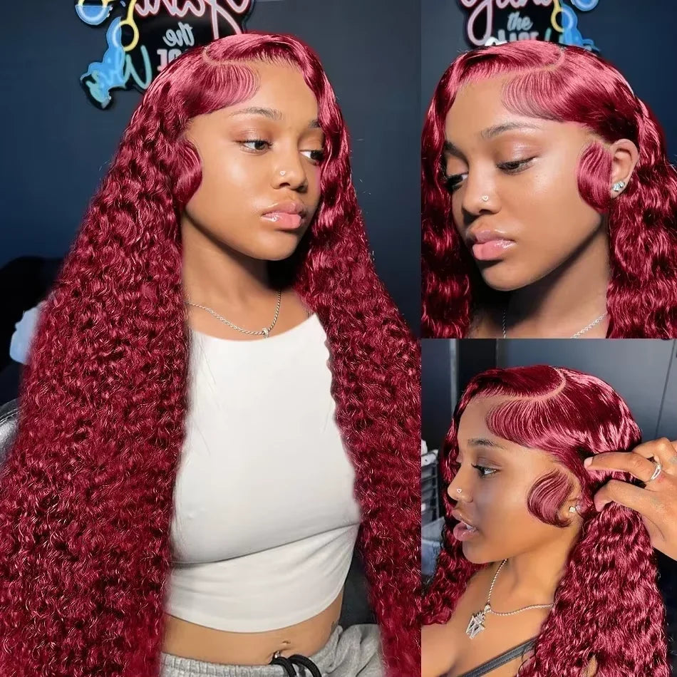 Red Colored Burgundy 200% Deep Wave Wigs