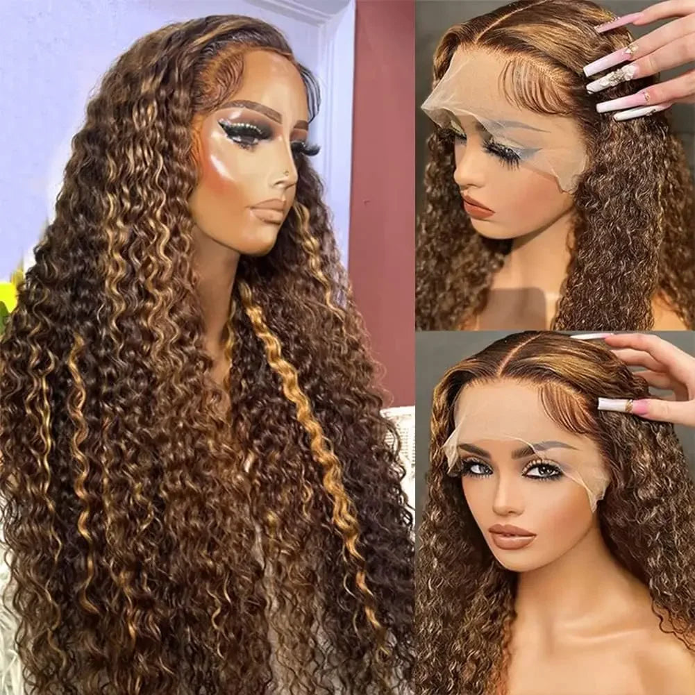 Honey Blonde Deep Curly Transparent Wigs