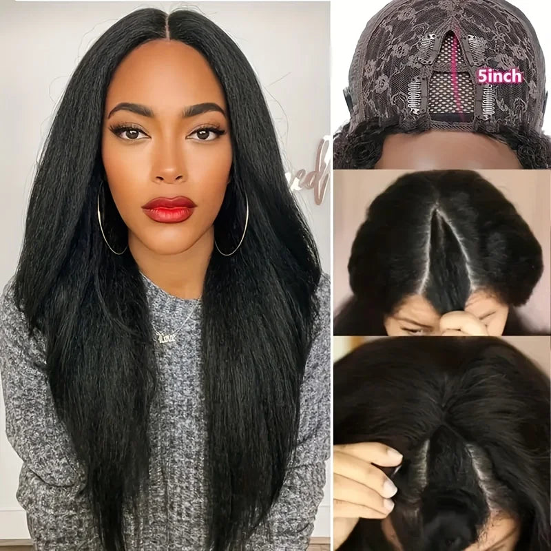 Kinky Straight V Part Wig Glueless Human Hair Wig for Women Natural Black Color No Leave Out Yaki Straight Hair Wig 250% Density