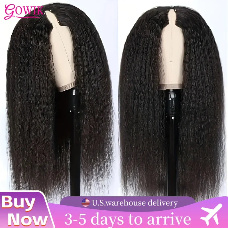 Kinky Straight V Part Wig Glueless Human Hair Wig for Women Natural Black Color No Leave Out Yaki Straight Hair Wig 250% Density