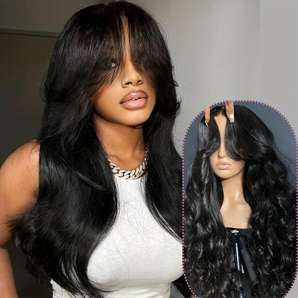 250% Density Glueless Human Hair Lace Front Wig - 13x4 Pre Plucked & Pre Cut 3D Dome Cap with Bleached Knots, Natural Black Body