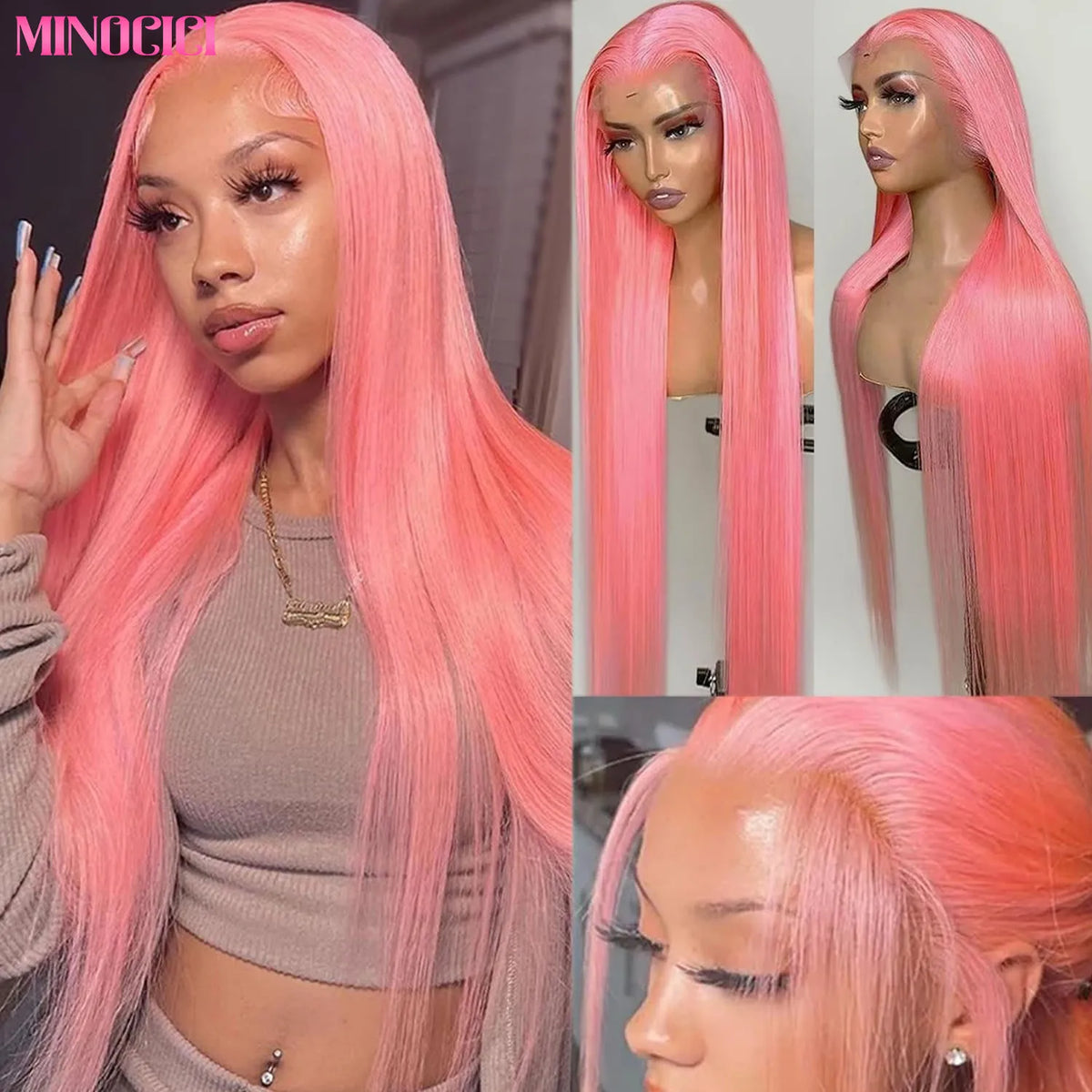 Pink 13x6 Hd Straight Lace Front Wig Human Hair 30 Inch Pink Lace Front Wig Human Hair For Black Women Pre Plucked 200% Density