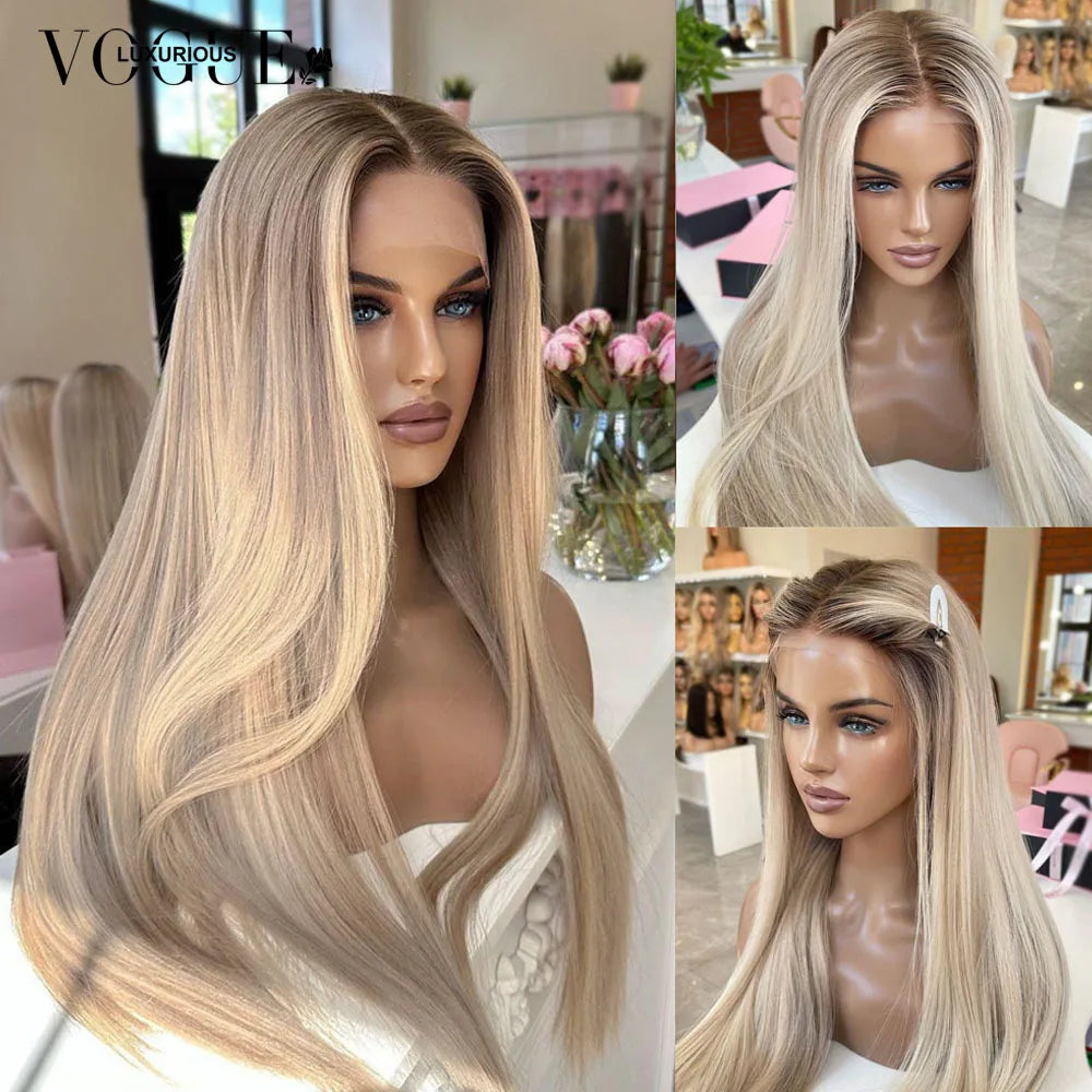 Cream Blonde Straight 100% Real Human Hair Wig Ash Blonde 200% Density Salon Hair Coloring Wig 13x6 Lace Front Wig For Women