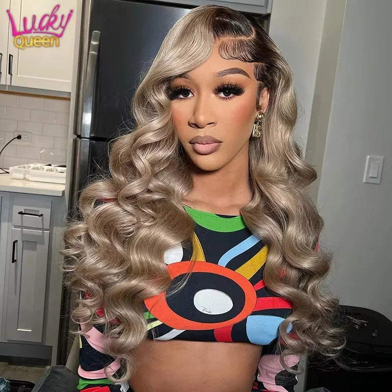 Ombre Blonde 13X4 Transparent Lace Front Human Hair Wig Brown Root Body Wave Ash Blonde 5X5 Closure Wig Pre Plucked