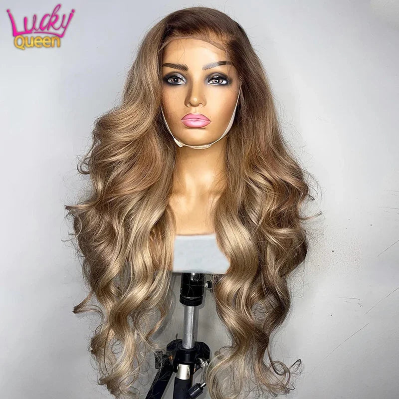 Ombre Blonde 13X4 Transparent Lace Front Human Hair Wig Brown Root Body Wave Ash Blonde 5X5 Closure Wig Pre Plucked