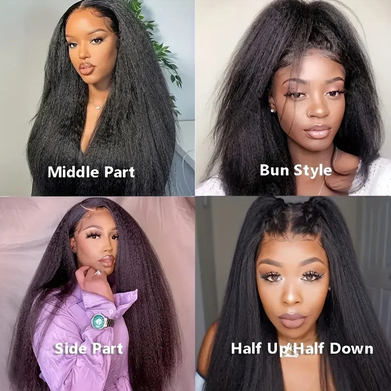Kinky Straight V Part Wig Glueless Human Hair Wig for Women Natural Black Color No Leave Out Yaki Straight Hair Wig 250% Density